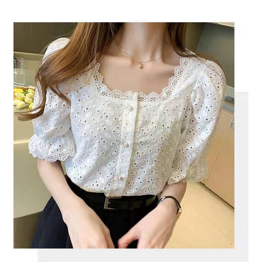 LYR301 | SELYRA Korean Eyelet Blouse Wanita – Blouse Putih Feminine Daily Wear