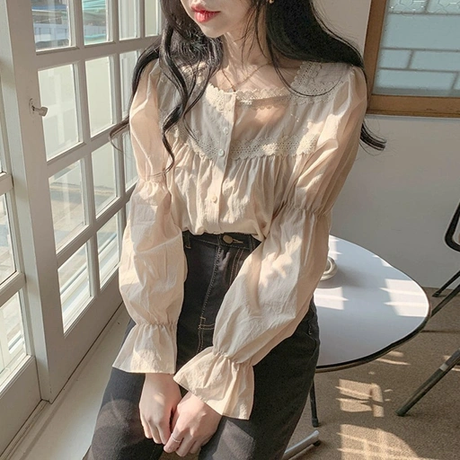 Image of LYR300 | SELYRA Blouse Korea Wanita Cream – Atasan Cewek Feminine Lace Korean Style