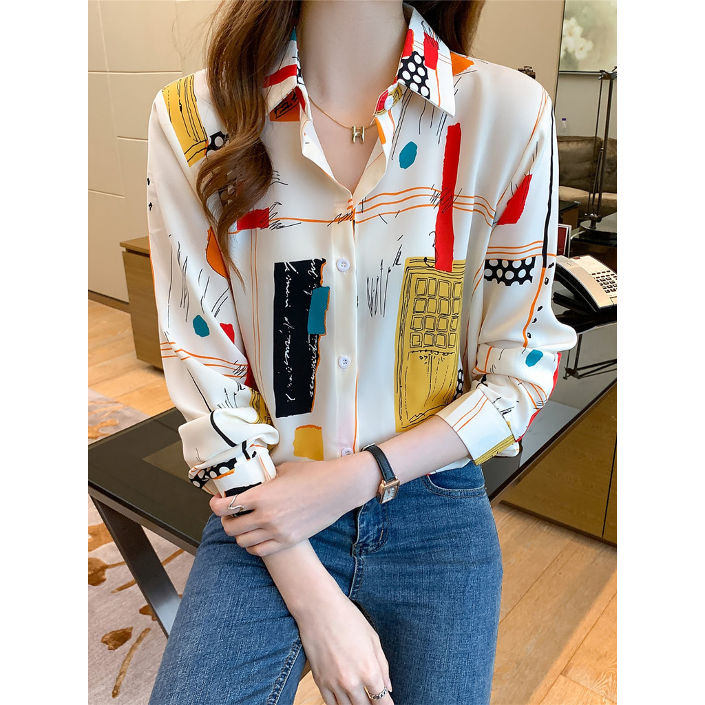 LYR315 | SELYRA Korean Abstract Color Blouse Wanita – Long Sleeve Office Top