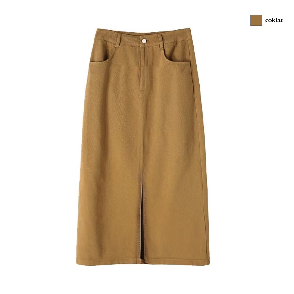 LYR338 | SELYRA High Waist Colored Denim Midi Skirt – Front Slit Casual