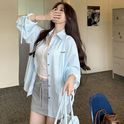 Image of LYR326 | SELYRA Korean Oversized Stripe Shirt – Color Button Casual Top