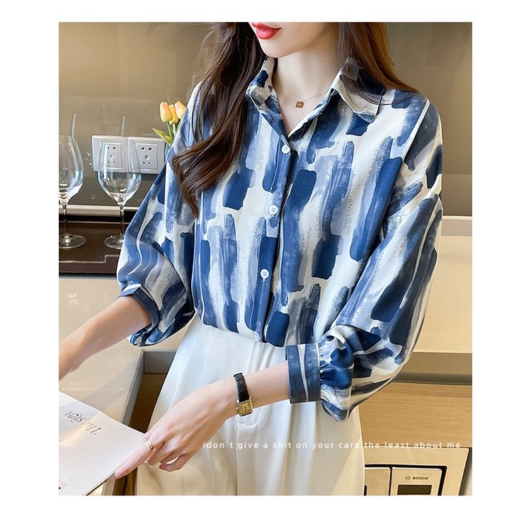 LYR312 | SELYRA Korean Abstract Stripe Blouse Wanita – Long Sleeve Office Top