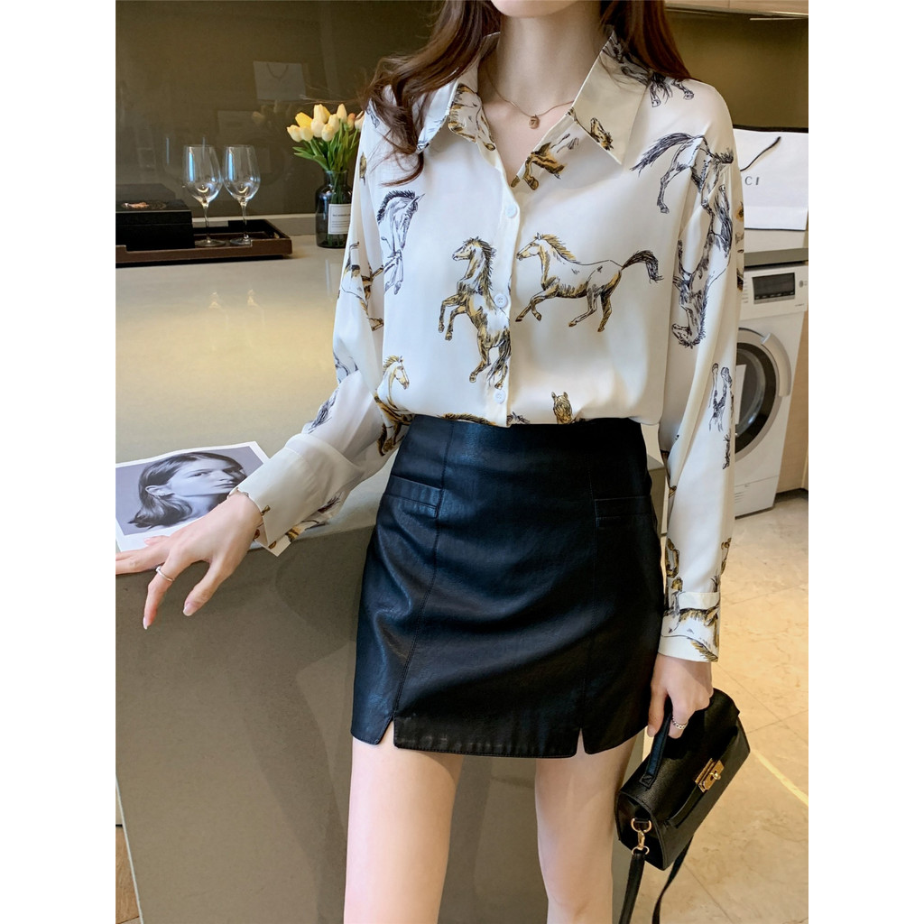 LYR313 | SELYRA Korean Horse Print Long Blouse Wanita – Oversized Shirt Top