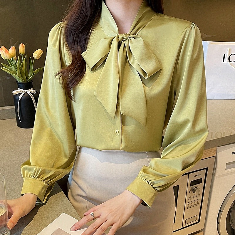 LYR310 | SELYRA Korean Ribbon Blouse Wanita – Elegant Tie Neck Long Sleeve Top