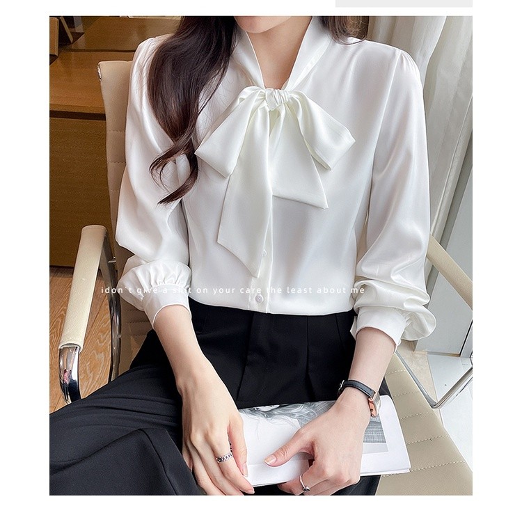 LYR310 | SELYRA Korean Ribbon Blouse Wanita – Elegant Tie Neck Long Sleeve Top