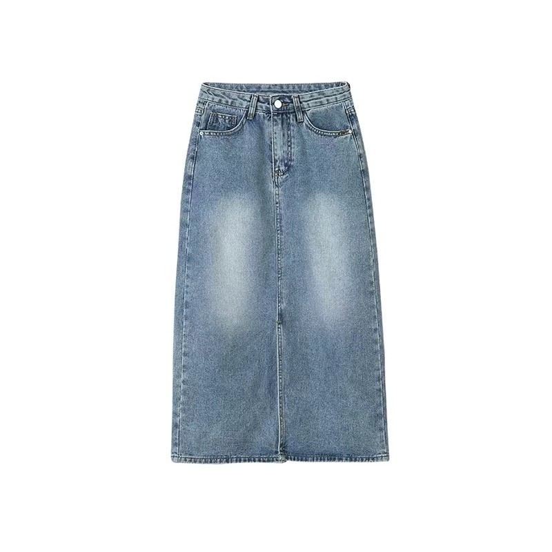 LYR338 | SELYRA High Waist Colored Denim Midi Skirt – Front Slit Casual