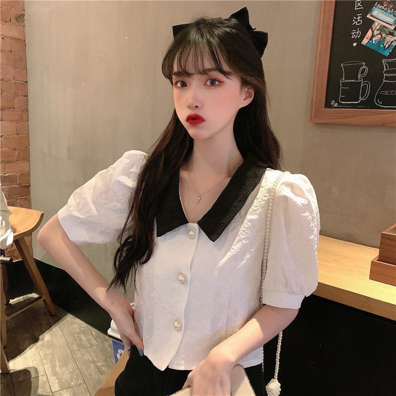 LYR305 | SELYRA Korean Contrast Collar Blouse Wanita – Blouse Hitam Putih Feminine Daily Wear