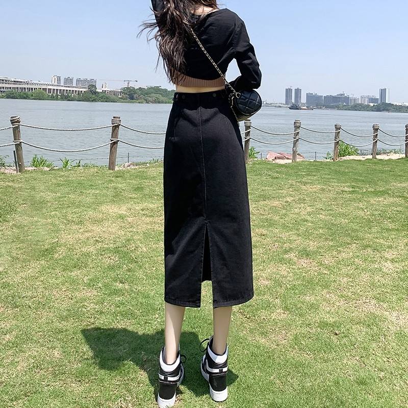 LYR336-B | SELYRA High Waist Denim Midi Skirt – Korean A-Line Rok Jeans Wanita
