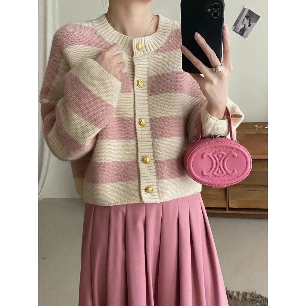 LYR345 | SELYRA Korean Stripe Knit Cardigan Wanita – Soft Vintage Look