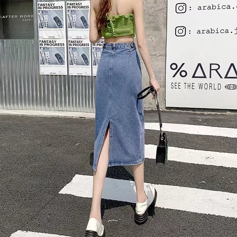 LYR336-B | SELYRA High Waist Denim Midi Skirt – Korean A-Line Rok Jeans Wanita