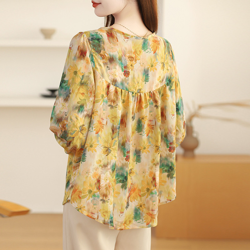 LYR309 | SELYRA Korean Floral Blouse Wanita – Soft Chiffon Long Sleeve Top
