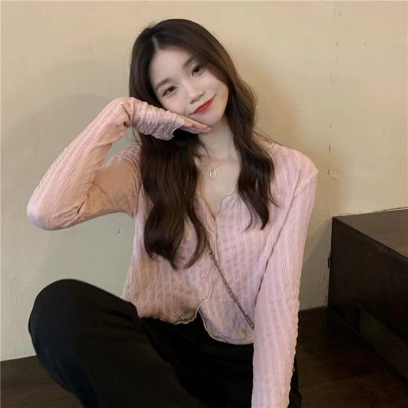 LYR308 | SELYRA Soft Korean Knit Blouse Wanita – V Neck Textured Daily Top
