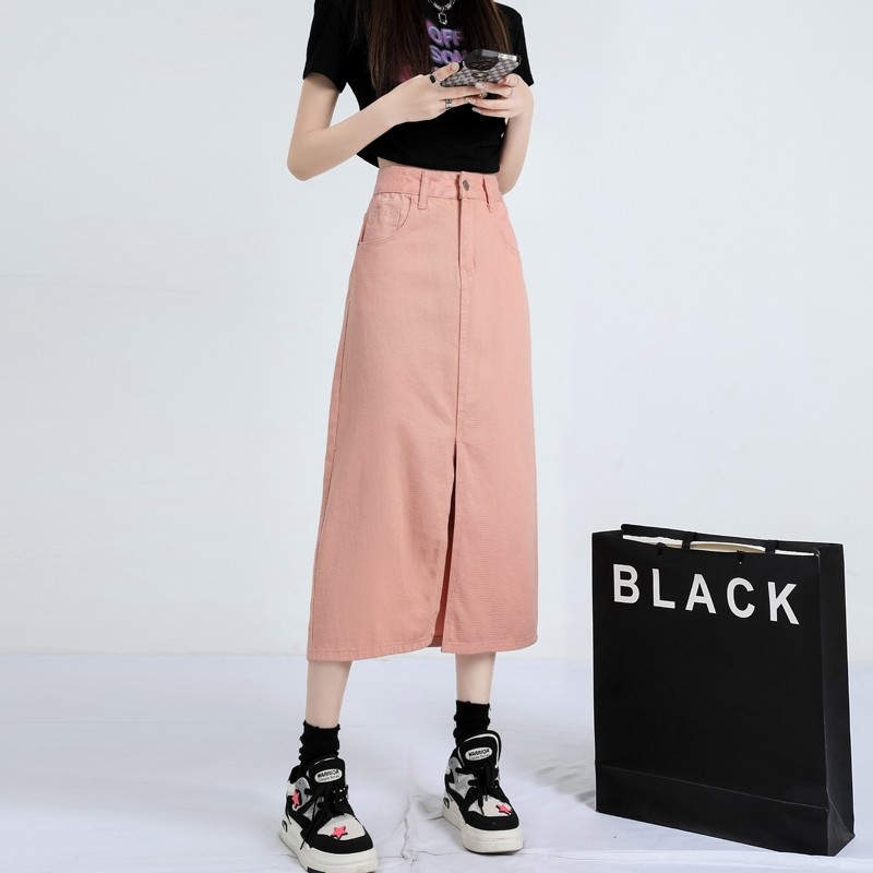 LYR338 | SELYRA High Waist Colored Denim Midi Skirt – Front Slit Casual