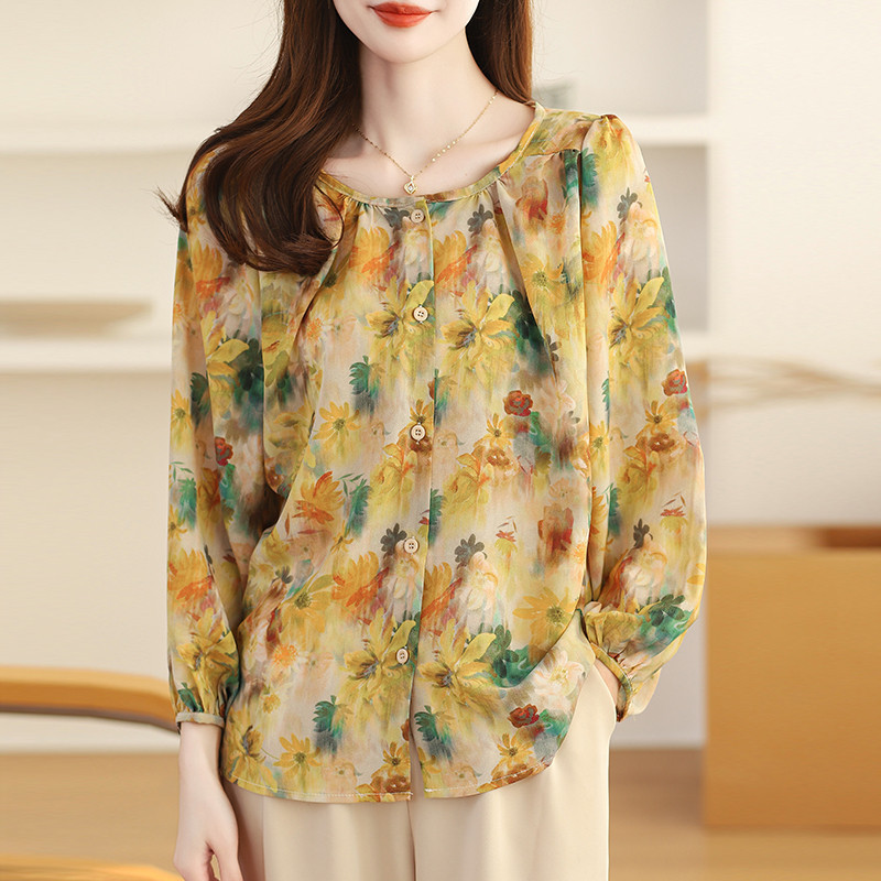 LYR309 | SELYRA Korean Floral Blouse Wanita – Soft Chiffon Long Sleeve Top