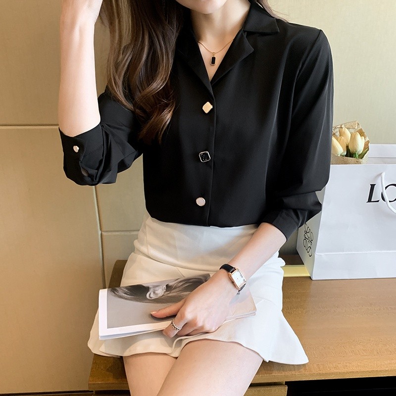 LYR316 | SELYRA Korean Gold Button Blouse Wanita – Elegant Office Long Sleeve Top