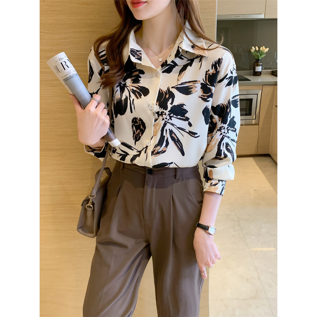 LYR311 | SELYRA Korean Abstract Print Blouse Wanita – Long Sleeve Office Top