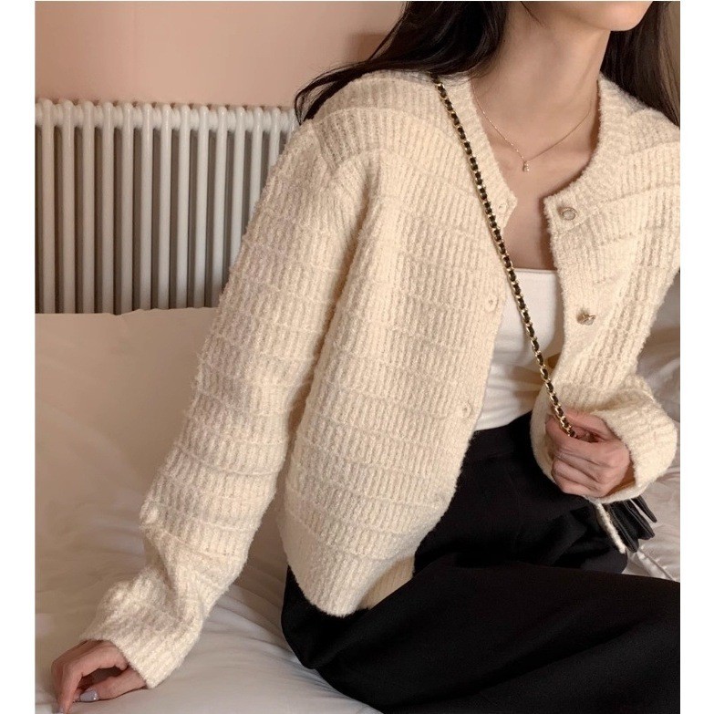 LYR340 | SELYRA Korean Tweed Knit Cardigan Wanita – Outer Rajut Feminine Elegant