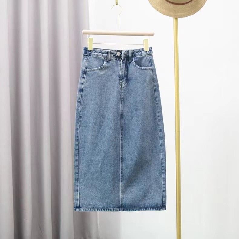 LYR336 | SELYRA High Waist Denim Midi Skirt – Korean A-Line Rok Jeans Wanita