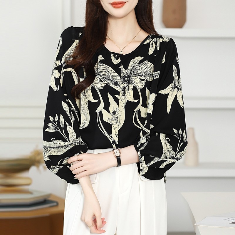 LYR309 | SELYRA Korean Floral Blouse Wanita – Soft Chiffon Long Sleeve Top
