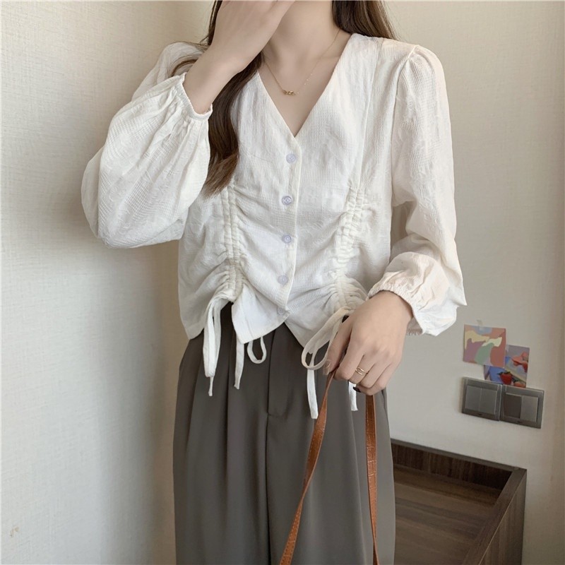 LYR307 | SELYRA Korean Drawstring Blouse Wanita – Blouse V Neck Feminine Daily Wear