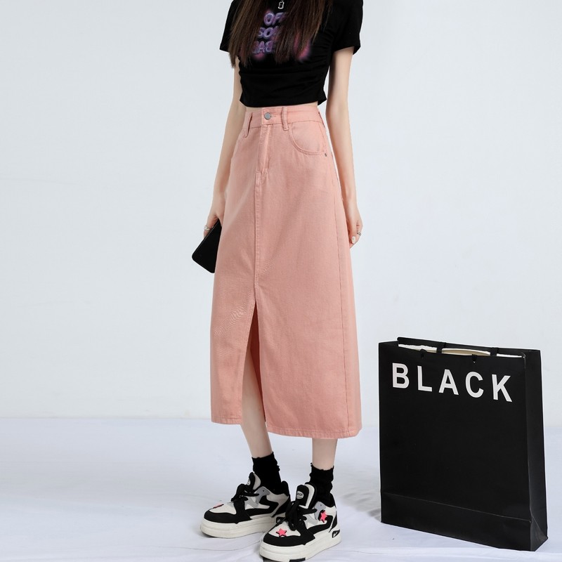 LYR338 | SELYRA High Waist Colored Denim Midi Skirt – Front Slit Casual
