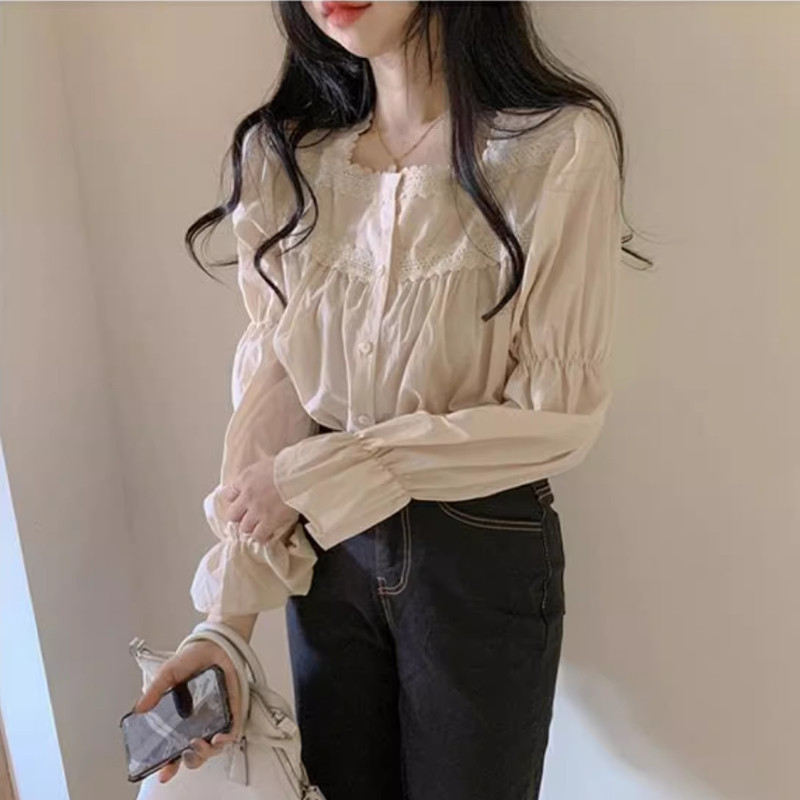 LYR300 | SELYRA Blouse Korea Wanita Cream – Atasan Cewek Feminine Lace Korean Style