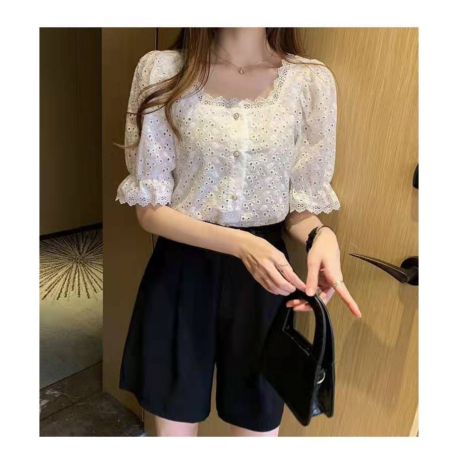 LYR301 | SELYRA Korean Eyelet Blouse Wanita – Blouse Putih Feminine Daily Wear