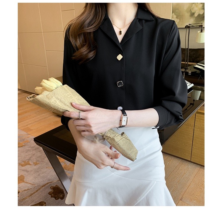 LYR316 | SELYRA Korean Gold Button Blouse Wanita – Elegant Office Long Sleeve Top