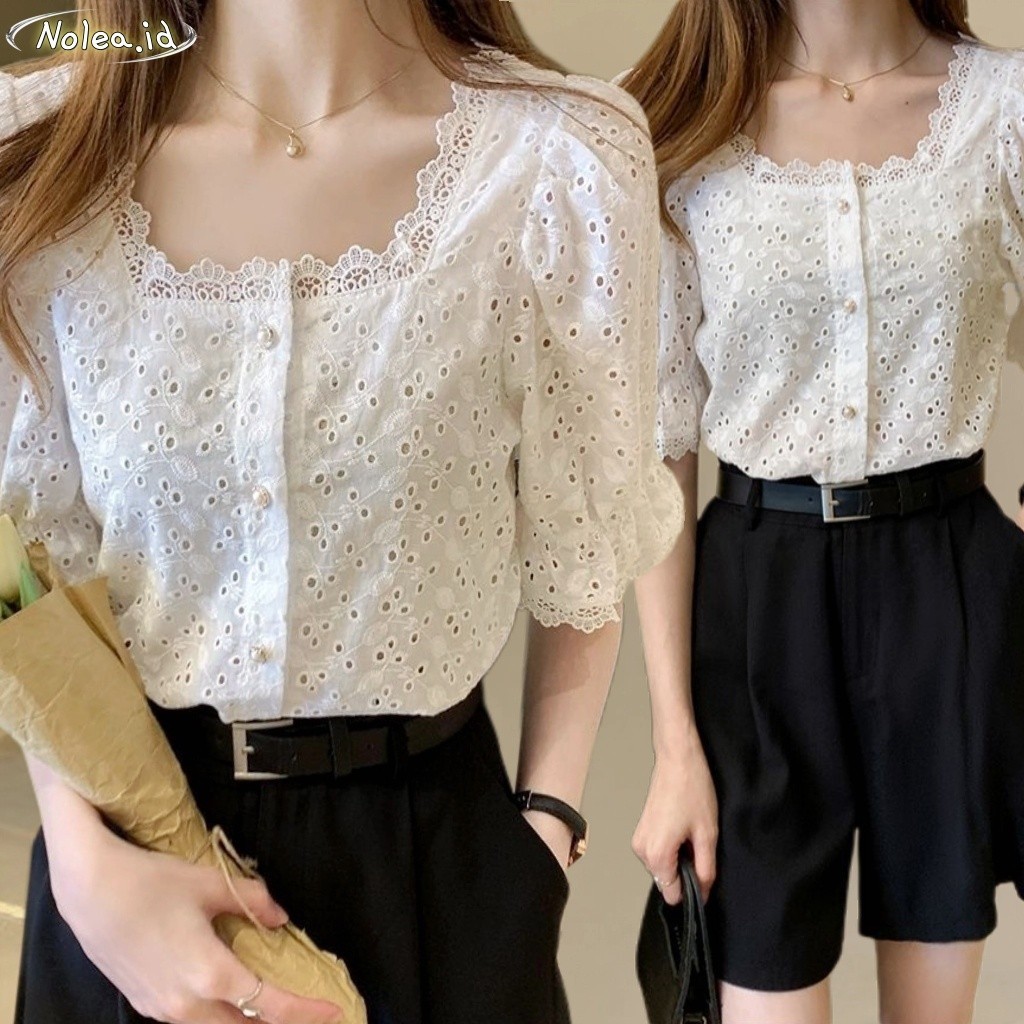 LYR301 | SELYRA Korean Eyelet Blouse Wanita – Blouse Putih Feminine Daily Wear