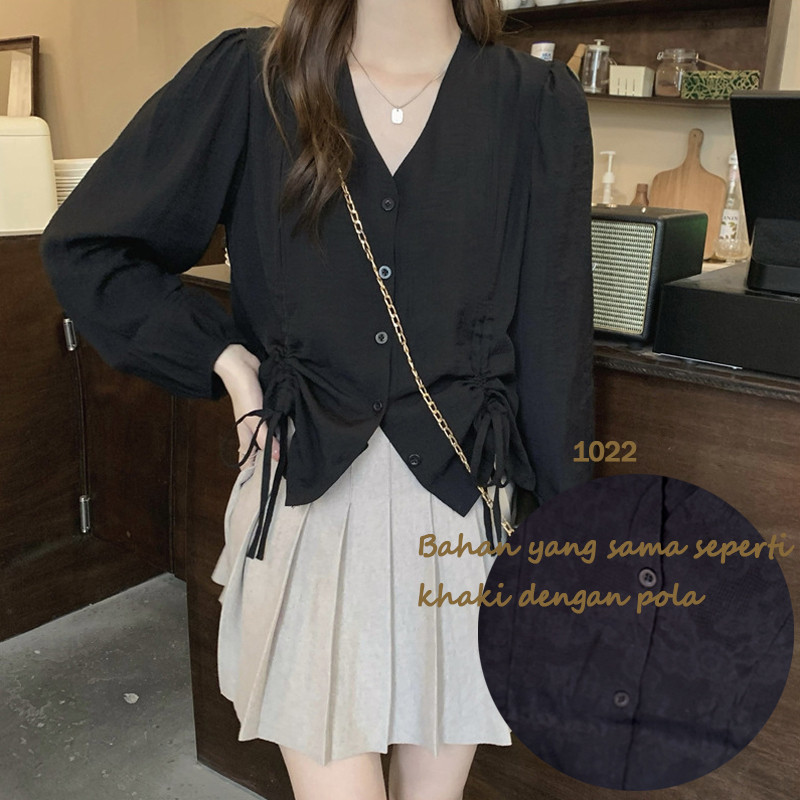LYR307 | SELYRA Korean Drawstring Blouse Wanita – Blouse V Neck Feminine Daily Wear
