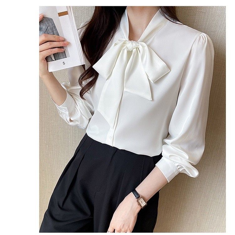 LYR310 | SELYRA Korean Ribbon Blouse Wanita – Elegant Tie Neck Long Sleeve Top