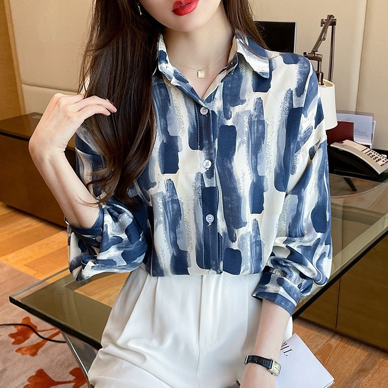 LYR312 | SELYRA Korean Abstract Stripe Blouse Wanita – Long Sleeve Office Top