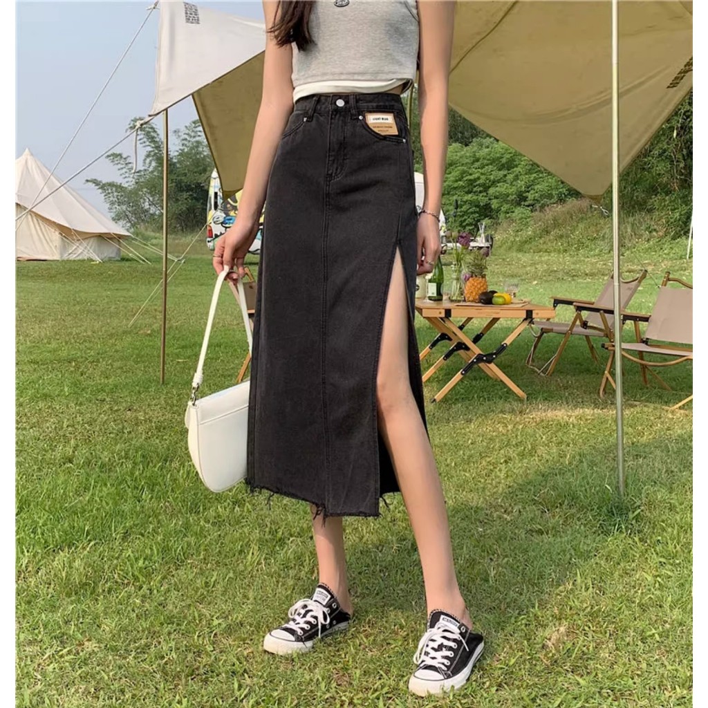 LYR335 | SELYRA High Waist A-Line Midi Skirt – Front Slit Casual Rok Wanita