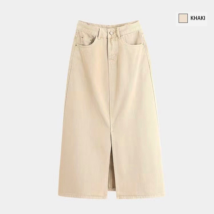 LYR338 | SELYRA High Waist Colored Denim Midi Skirt – Front Slit Casual