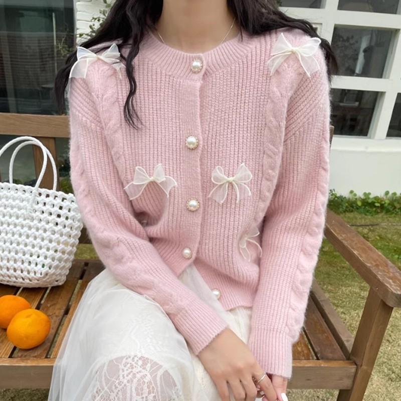 LYR344 | SELYRA Korean Ribbon Pearl Knit Cardigan Wanita – Sweet Feminine Look