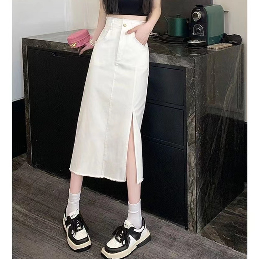 LYR335 | SELYRA High Waist A-Line Midi Skirt – Front Slit Casual Rok Wanita