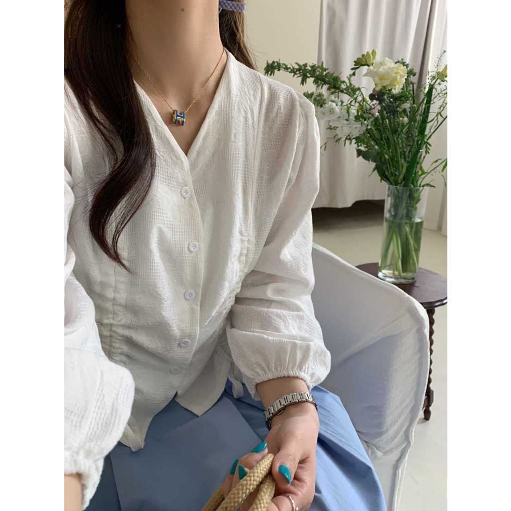 LYR307 | SELYRA Korean Drawstring Blouse Wanita – Blouse V Neck Feminine Daily Wear