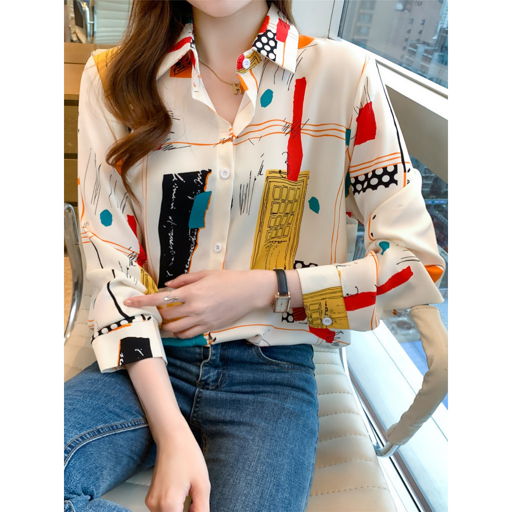 LYR315 | SELYRA Korean Abstract Color Blouse Wanita – Long Sleeve Office Top