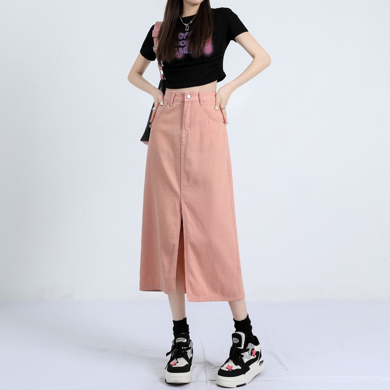 LYR338 | SELYRA High Waist Colored Denim Midi Skirt – Front Slit Casual