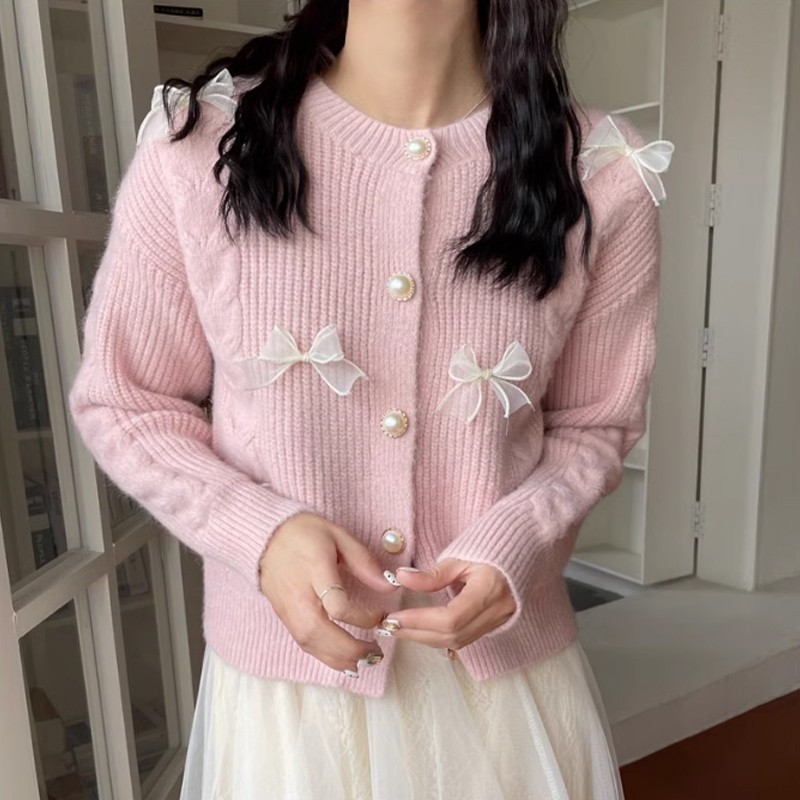 LYR344 | SELYRA Korean Ribbon Pearl Knit Cardigan Wanita – Sweet Feminine Look
