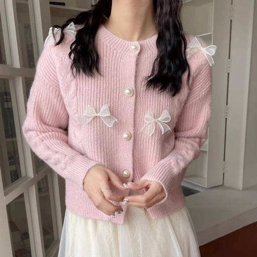 Image of LYR344 | SELYRA Korean Ribbon Pearl Knit Cardigan Wanita – Sweet Feminine Look