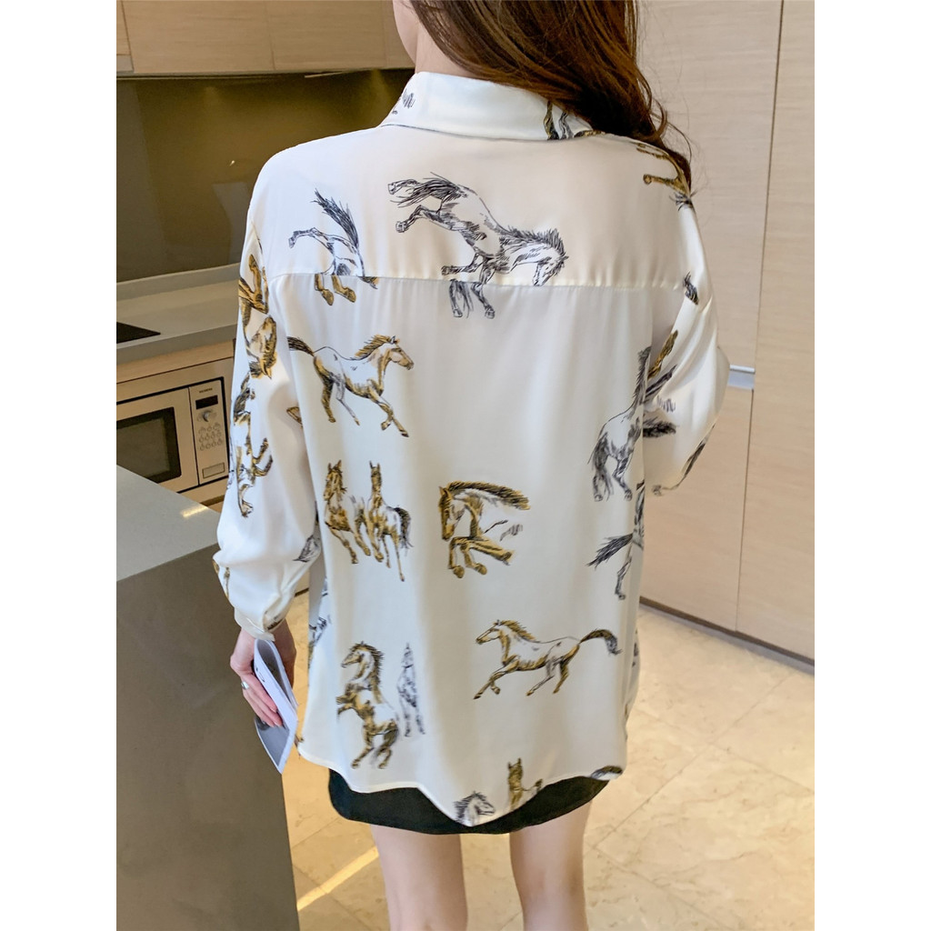 LYR313 | SELYRA Korean Horse Print Long Blouse Wanita – Oversized Shirt Top
