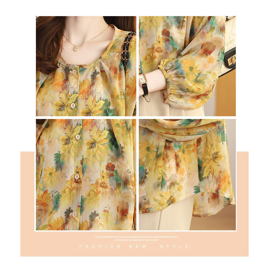LYR309 | SELYRA Korean Floral Blouse Wanita – Soft Chiffon Long Sleeve Top