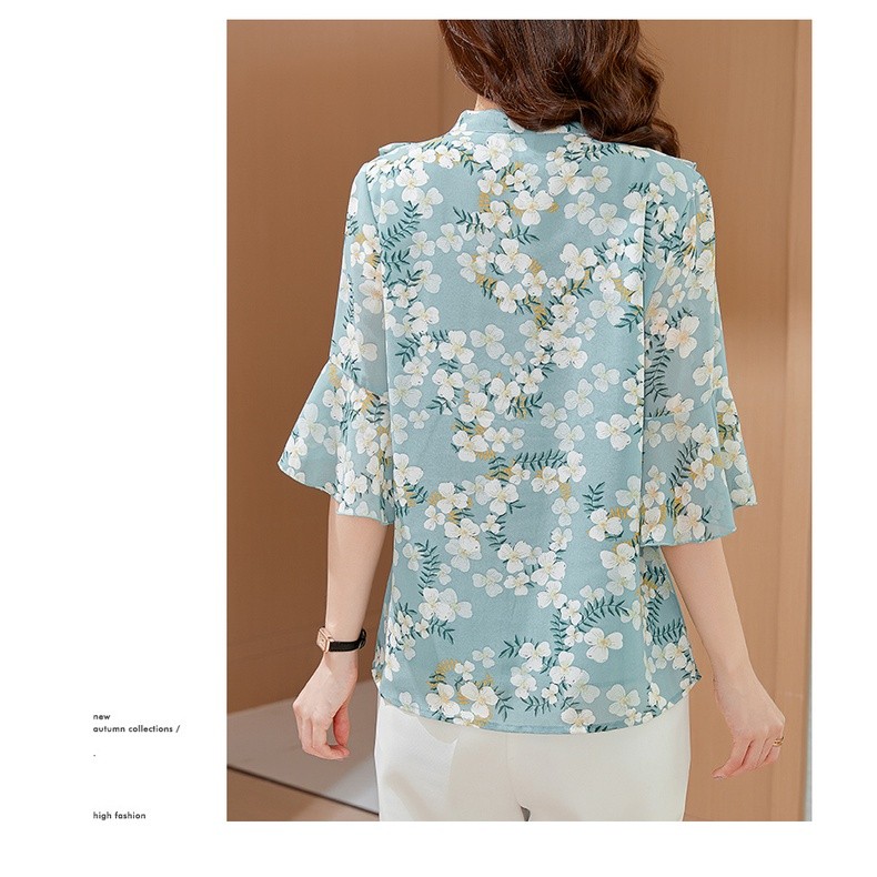 LYR318 | SELYRA Korean Floral Tie Neck Blouse Wanita – Feminine Chiffon Top