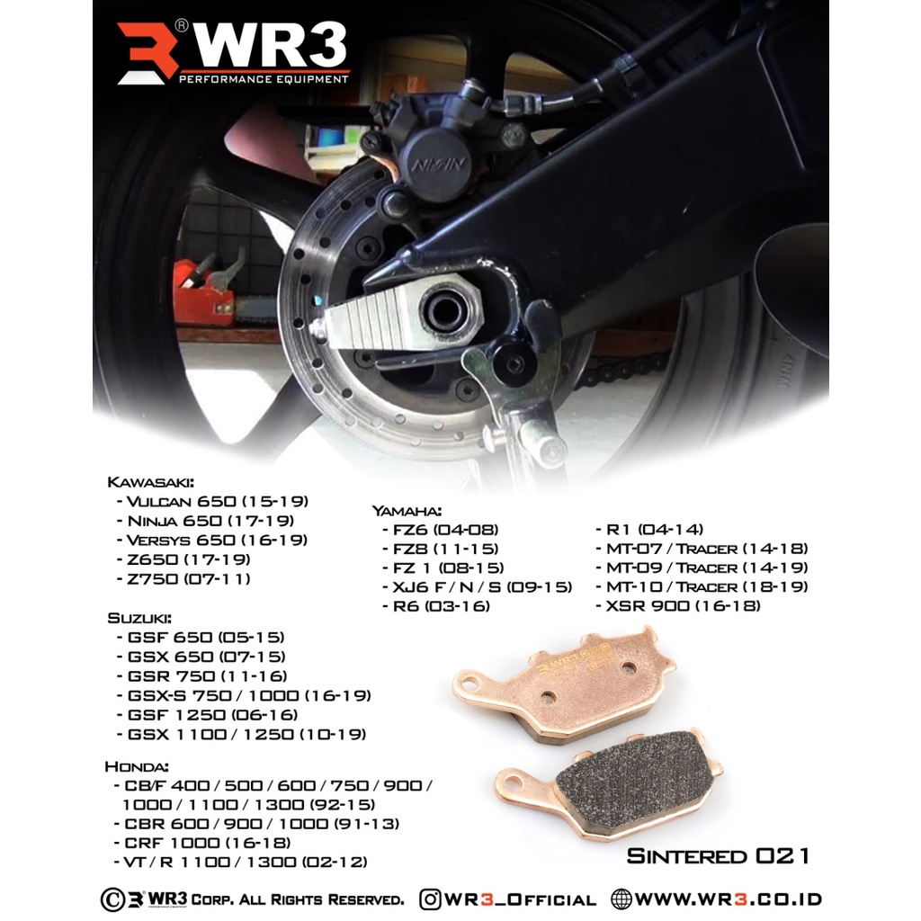 Kampas Rem WR3 Sintered Depan / Belakang R6 / ZX636 / Z800 / CBR 600 / CBR 1000