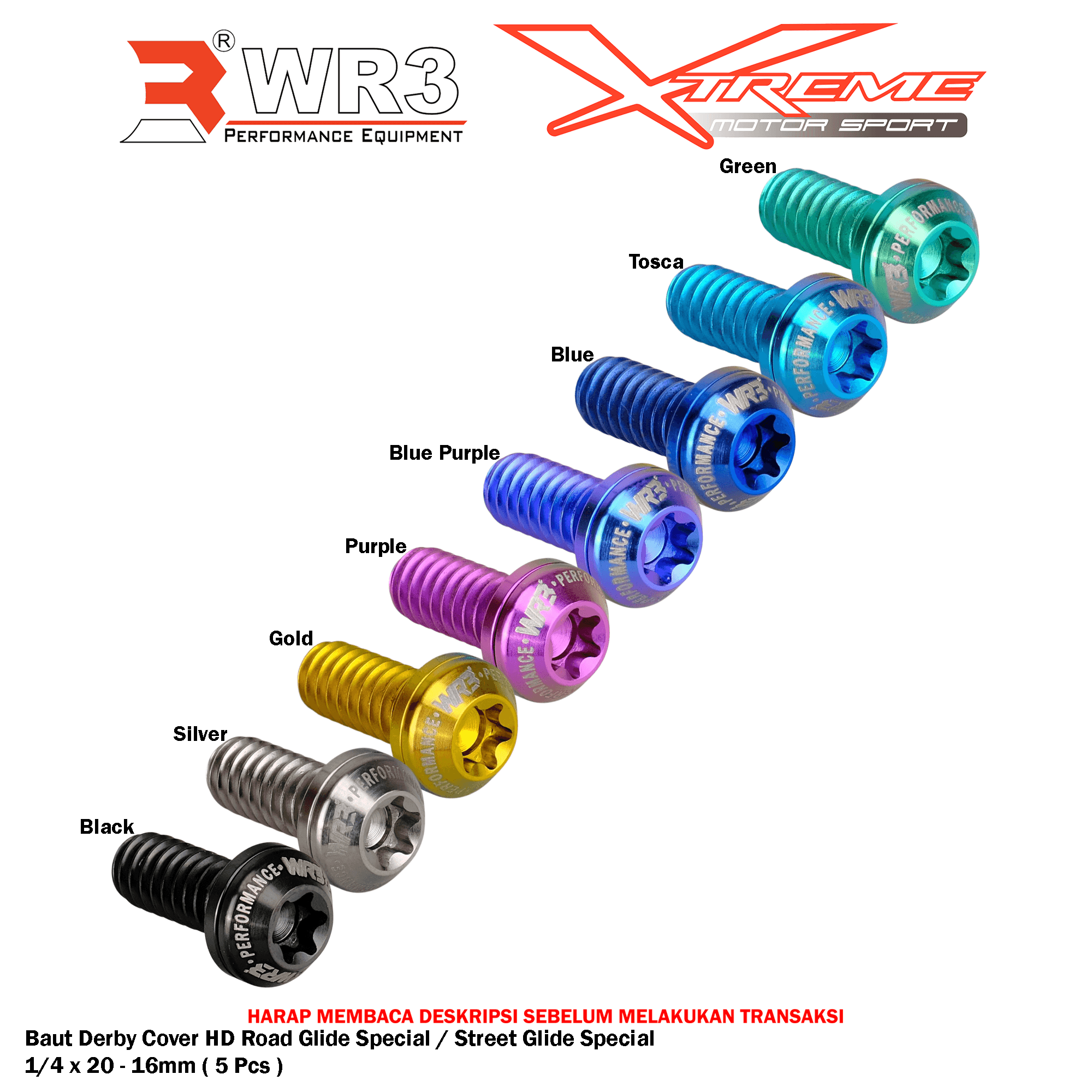 Paketan Baut Titanium WR3 Derby Cover / Windshield / Cakram Depan / Belakang Harley Davidson Road Glid Special / Street Glide Special
