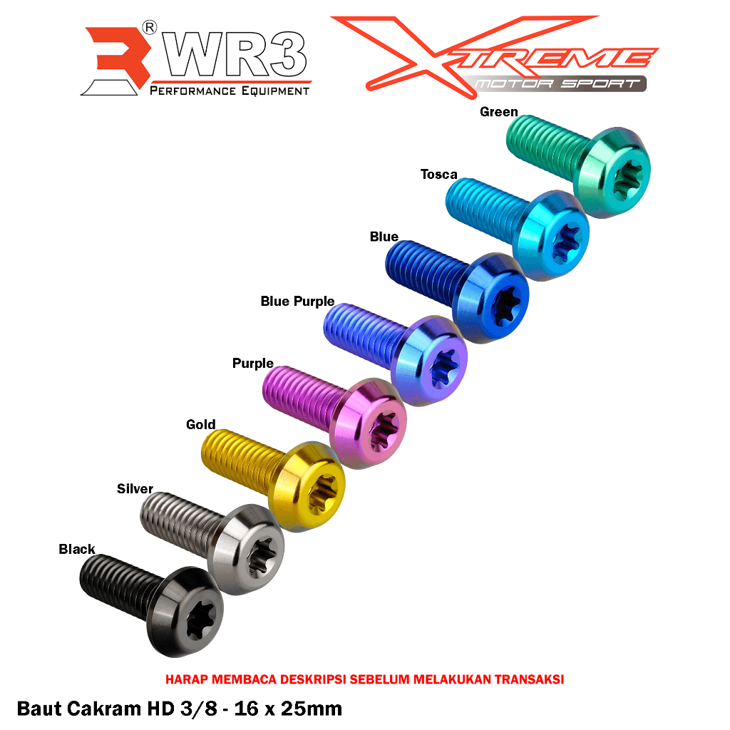 Baut Titanium WR3 Cakram Untuk Motor Harley Davidson 3/8 - 16 x 25mm / M8 x 1.25 x 27mm