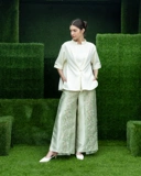 High Neck Pleated Top with Slitted Sleeves