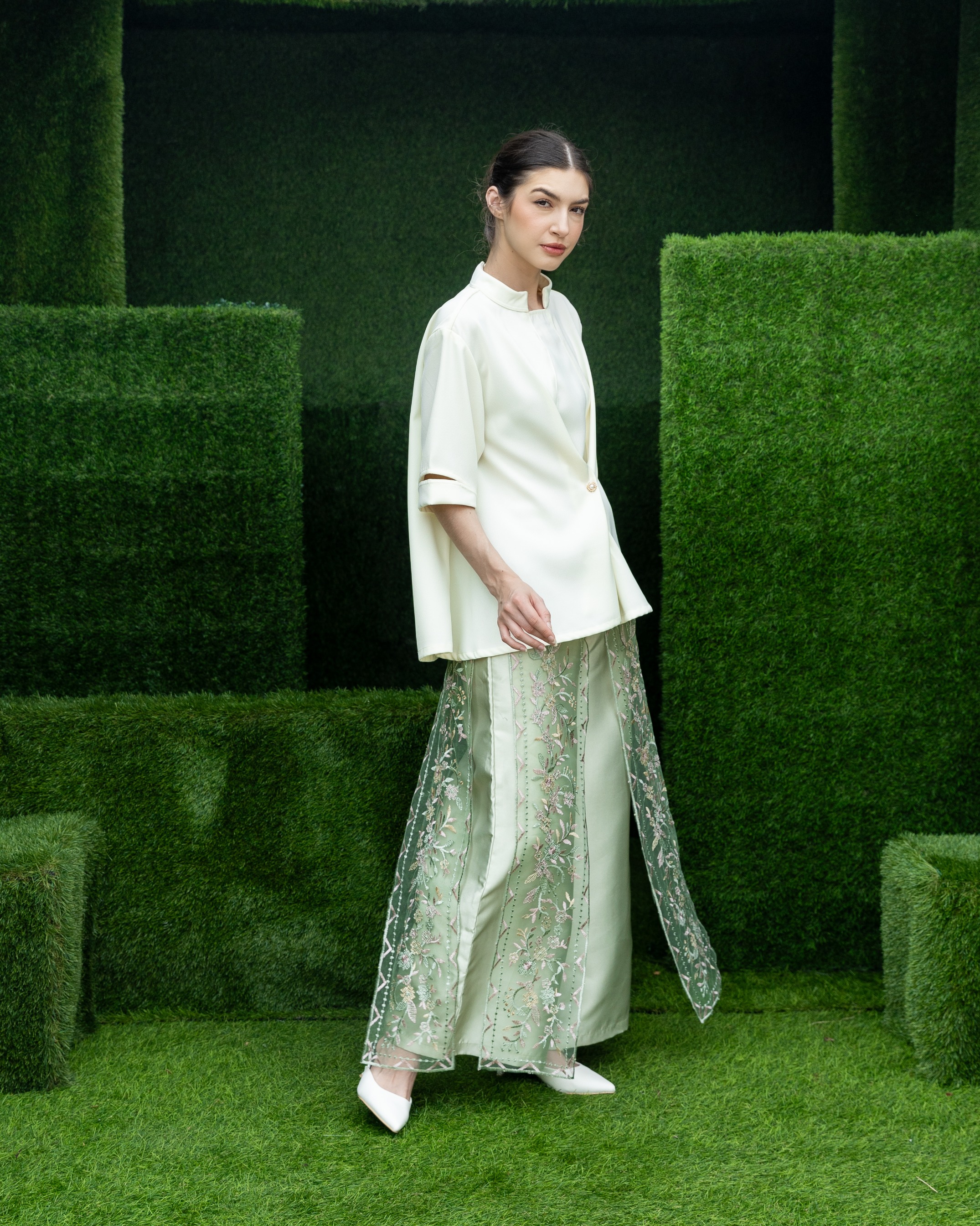 High Neck Pleated Top with Slitted Sleeves