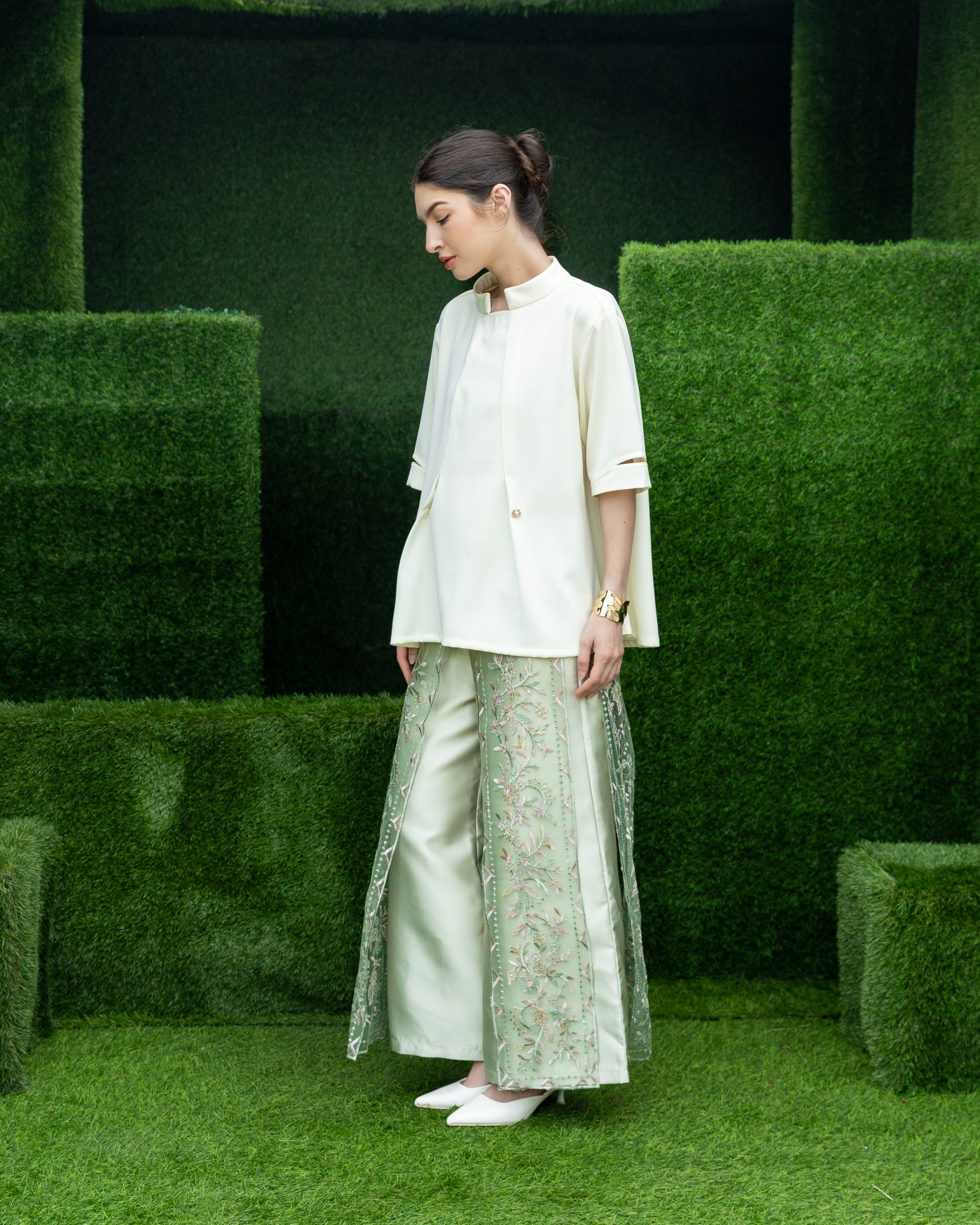 High Neck Pleated Top with Slitted Sleeves